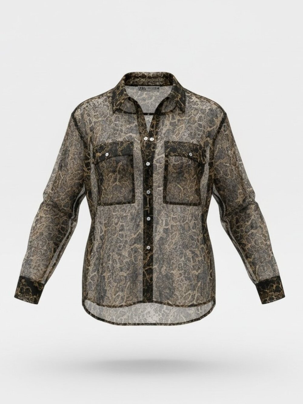ZARA Sheer Snake-Print Lace Button Down Top - Size XL